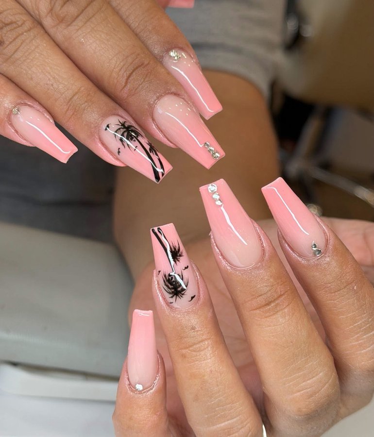 Pink coffin nails with palm tree art and crystals